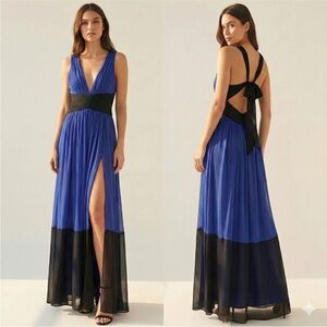 BCBGMAXAZRIA Catarina Silk Gown Royal Blue Black Colorblock Plunge Maxi Dress